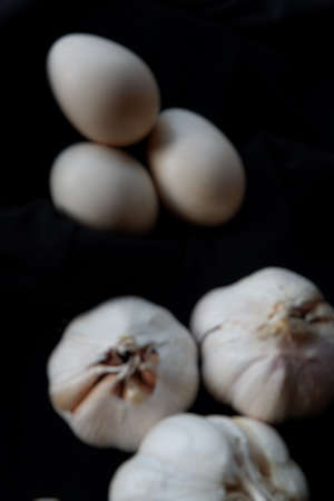 Blur photos of cooking ingredients such as eggs, garlic, onionsの写真素材