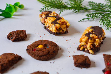Photo of choco chips on a white background.