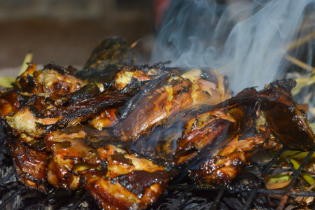 Close up portrait of burning catfish. It looks so delicious.の写真素材