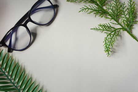 View of glasses with black frames, white background.の写真素材