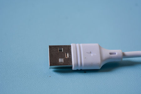 White usb and micro usb cable on blue background.の写真素材