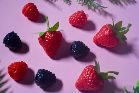 Isolated Blueberry, Blackberry and Strawberry fruit. Against a pink backgroundの写真素材