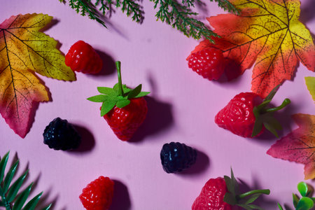 Isolated Blueberry, Blackberry and Strawberry fruit. Against a pink backgroundの写真素材