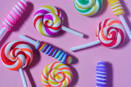 Flat lay sweet candy favorite of small children. Colorful lollipops, candies, chocolates. Pink...