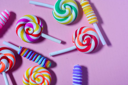 Flat lay candy. Colorful lollipops, candies. Pink background