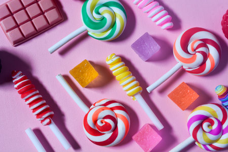 Flat lay sweet candy favorite of small children. Colorful lollipops, candies, chocolates. Pink backgroundの写真素材