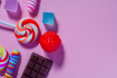 Flat lay sweet candy favorite of small children. Colorful lollipops, candies, chocolates. Pink backgroundの写真素材