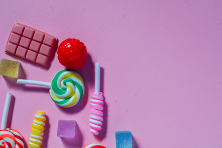 Flat lay sweet candy favorite of small children. Colorful lollipops, candies, chocolates. Pink backgroundの写真素材