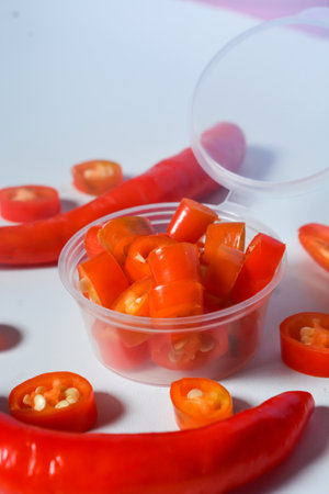 Scene of the red chili which looks very hot against a white background. No people.の写真素材