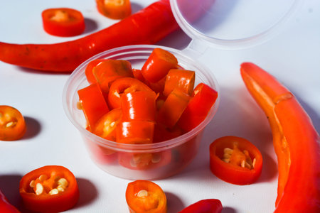 Scene of the red chili which looks very hot against a white background. No people.