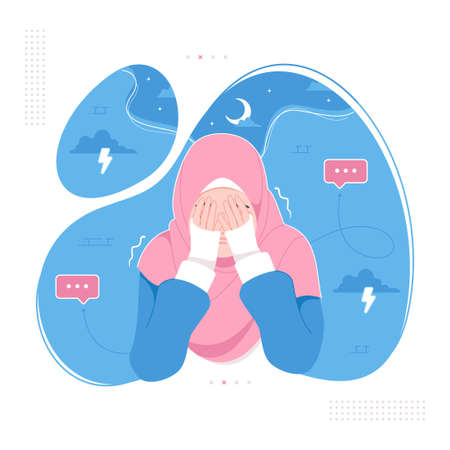 anxiety and overthinking hijab girl cartoon characterのイラスト素材