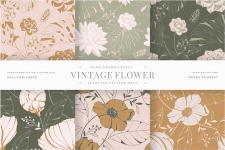 Vector set of floral seamless patterns with hand drawn flowers and leaves.のイラスト素材