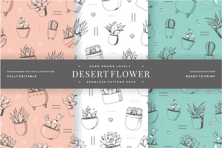 Vector seamless pattern with hand drawn succulents and cactuses in potsのイラスト素材