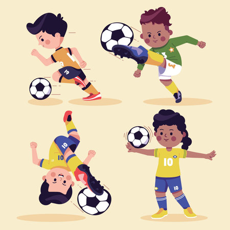 Cartoon soccer players. Boys and girls playing football. Vector illustrationのイラスト素材