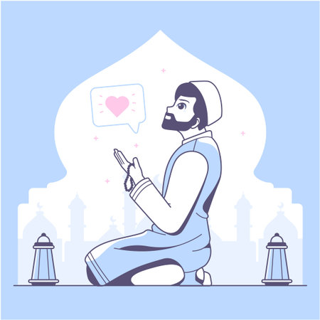 Muslim man praying at mosque. Vector illustration in flat cartoon style.