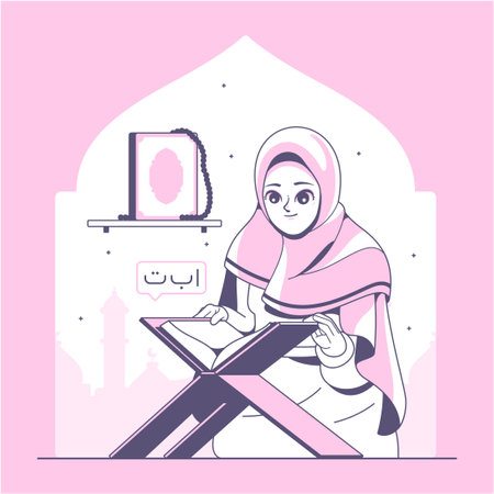Muslim woman reading a book in the mosque. Vector illustration in flat styleのイラスト素材