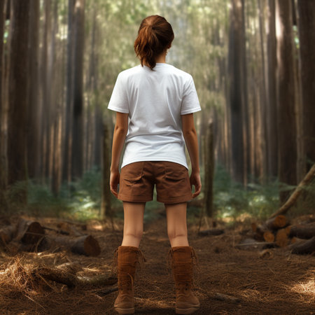 Women wearing blank white t-shirts facing back, wearing brown boots, in the middle of the forest, suitable to crate t--shirt preview mockupの素材