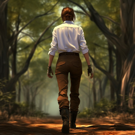 Women wearing blank white t-shirts facing back, wearing brown boots, in the middle of the forest, suitable to crate t--shirt preview mockupの素材