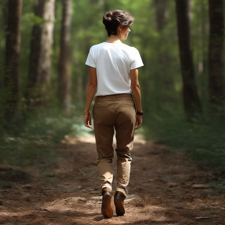 Women wearing blank white t-shirts facing back, wearing brown boots, in the middle of the forest, suitable to crate t--shirt preview mockupの素材