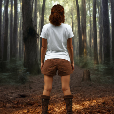 Women wearing blank white t-shirts facing back, wearing brown boots, in the middle of the forest, suitable to crate t--shirt preview mockupの素材