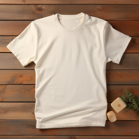 Cream white colored blank t - shirt placed on flat wood table, photographed from above, ultra realisticの素材