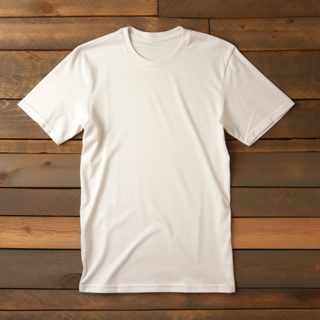 Cream white colored blank t - shirt placed on flat wood table, photographed from above, ultra realisticの素材