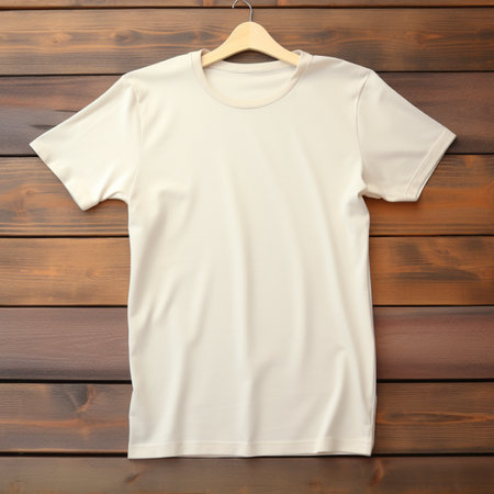 Cream white colored blank t - shirt placed on flat wood table, photographed from above, ultra realisticの素材