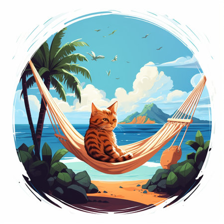 Illustration of a cat sitting in a hammock on the beach, with background mountainの素材