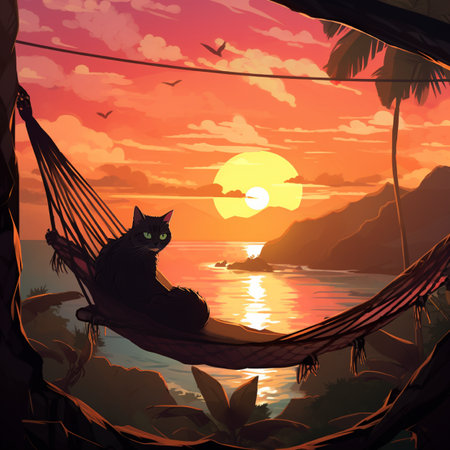 Illustration of a cat sitting in a hammock on the beach, with background mountainの素材