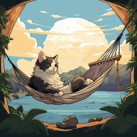 Illustration of a cat sitting in a hammock on the beach, with background mountainの素材