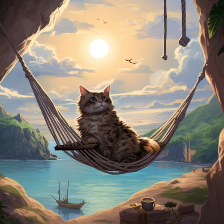 Illustration of a cat sitting in a hammock on the beach, with background mountainの素材