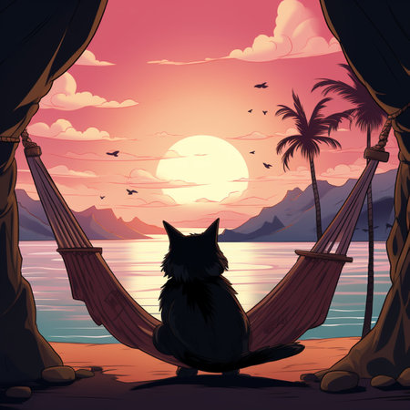 Illustration of a cat sitting in a hammock on the beach, with background mountainの素材