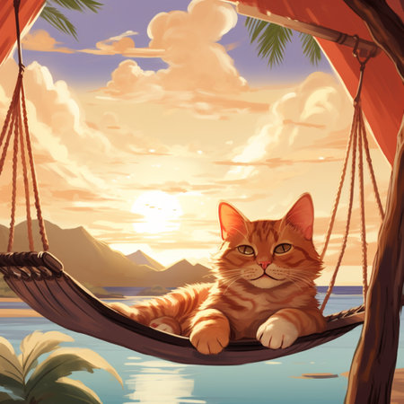 Illustration of a cat sitting in a hammock on the beach, with background mountainの素材