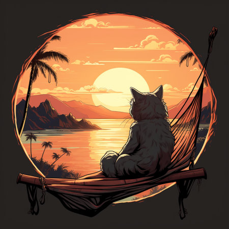 Illustration of a cat sitting in a hammock on the beach, with background mountainの素材