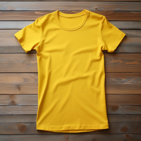 Yellow color blank t - shirt no label on collar, no hanger, placed on flat wood table, photographed from above, 8k, ultra realistic, suitable to create mockupの素材