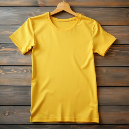 Yellow color blank t - shirt no label on collar, no hanger, placed on flat wood table, photographed from above, 8k, ultra realistic, suitable to create mockupの素材