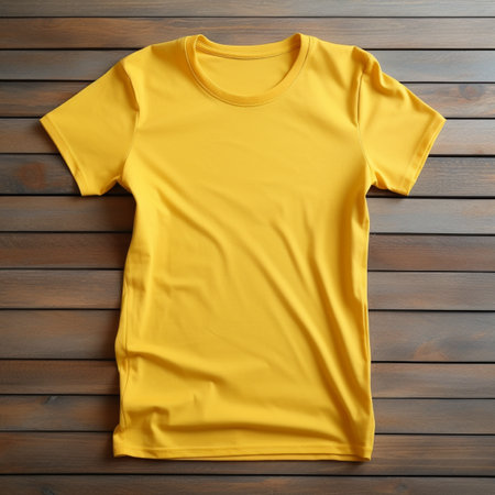 Yellow color blank t - shirt no label on collar, no hanger, placed on flat wood table, photographed from above, 8k, ultra realistic, suitable to create mockupの素材