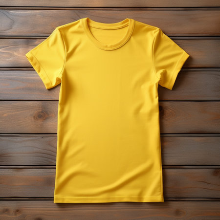 Yellow color blank t - shirt no label on collar, no hanger, placed on flat wood table, photographed from above, 8k, ultra realistic, suitable to create mockupの素材