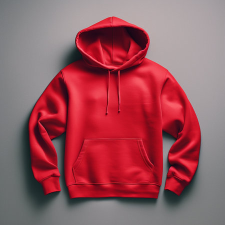 Blank red hoodie lying on the table, photographed from above, suitable for making mockupの素材