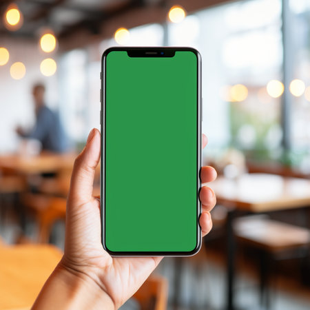 Women hand holding smart phone with the screen is blank plain bright green, blur cafe background, suitable to create mockupの素材