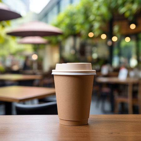 Brown Paper Coffee Cup, On a Wooden Table, with blur background of cafe, hyper realistic, suitable for making mockupの素材
