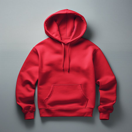 Blank red hoodie lying on the table, photographed from above, suitable for making mockupの素材