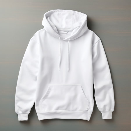 Blank white hoodie lying on the table, photographed from above, suitable for making mockupの素材