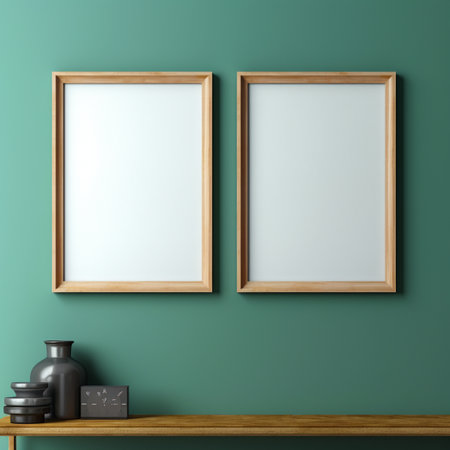 Real photo of blank wood frame hung on the walls, hyper realistic, suitable to create a mockupの素材