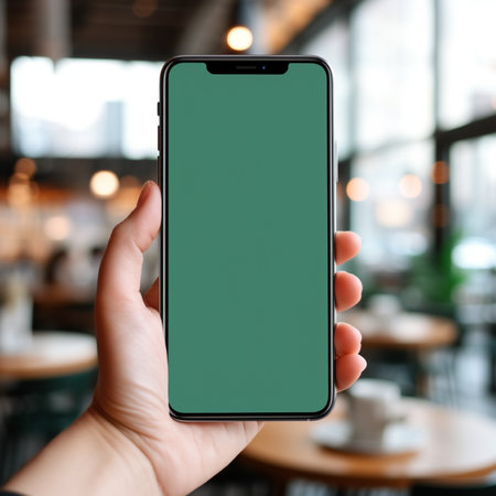 Women hand holding smart phone with the screen is blank plain bright green, blur cafe background, suitable to create mockupの素材