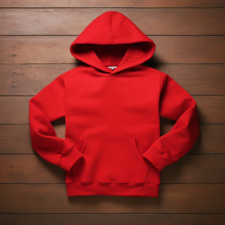 Blank red hoodie lying on the table, photographed from above, suitable for making mockupの素材