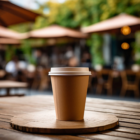 Brown Paper Coffee Cup, On a Wooden Table, with blur background of cafe, hyper realistic, suitable for making mockupの素材
