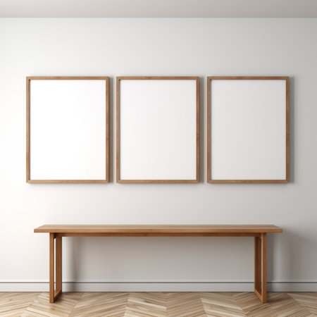 Real photo of white blank wood frame hung on the walls, hyper realistic, suitable to create a mockupの素材