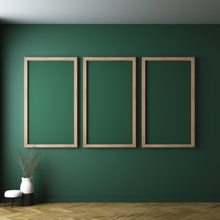Real photo of blank wood frame hung on the walls, hyper realistic, suitable to create a mockupの素材