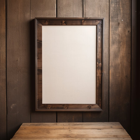 Real photo of blank wood frame hung on the walls, hyper realistic, suitable to create a mockupの素材